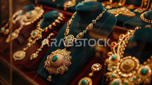 أناقة ومهارة صنع الاكسسوارات الثمينة، القلائد والأساور المعقدة وخواتم الأحجار الكريمة، المجوهرات التقليدية الذهبية على خلفية مخملية باللون الاحمر، الحلي المصنوعة من الذهب في المملكة العربية السعودية