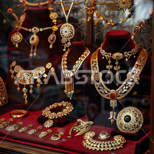 أناقة ومهارة صنع الاكسسوارات الثمينة، القلائد والأساور المعقدة وخواتم الأحجار الكريمة، المجوهرات التقليدية الذهبية على خلفية مخملية باللون الاحمر، الحلي المصنوعة من الذهب في المملكة العربية السعودية