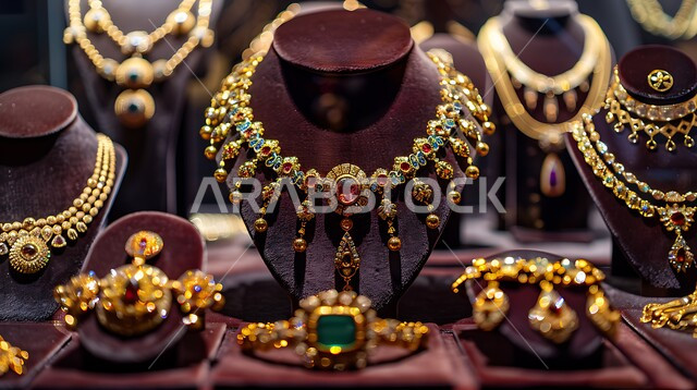 أناقة ومهارة صنع الاكسسوارات الثمينة، القلائد والأساور المعقدة وخواتم الأحجار الكريمة، المجوهرات التقليدية الذهبية على خلفية مخملية باللون الاحمر، الحلي المصنوعة من الذهب في المملكة العربية السعودية