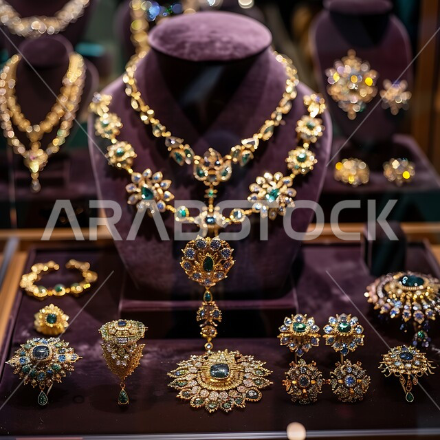 أناقة ومهارة صنع الاكسسوارات الثمينة، القلائد والأساور المعقدة وخواتم الأحجار الكريمة، المجوهرات التقليدية الذهبية على خلفية مخملية باللون الاحمر، الحلي المصنوعة من الذهب في المملكة العربية السعودية
