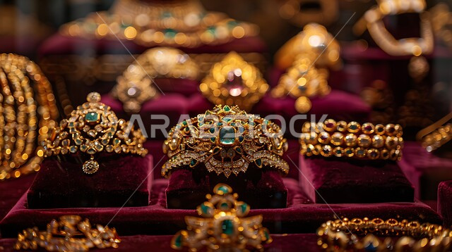 أناقة ومهارة صنع الاكسسوارات الثمينة، القلائد والأساور المعقدة وخواتم الأحجار الكريمة، المجوهرات التقليدية الذهبية على خلفية مخملية باللون الاحمر، الحلي المصنوعة من الذهب في المملكة العربية السعودية