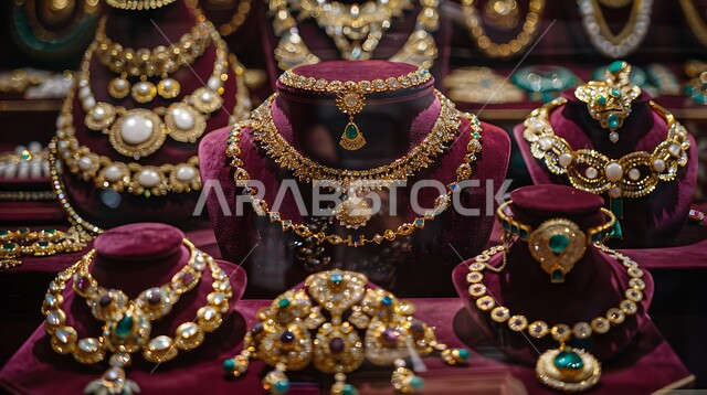 أناقة ومهارة صنع الاكسسوارات الثمينة، القلائد والأساور المعقدة وخواتم الأحجار الكريمة، المجوهرات التقليدية الذهبية على خلفية مخملية باللون الاحمر، الحلي المصنوعة من الذهب في المملكة العربية السعودية