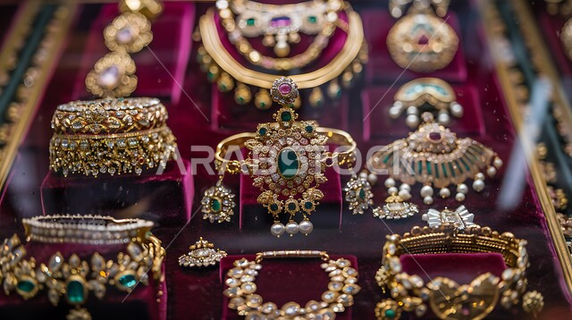 الأساور المعقدة والقلائد وخواتم الأحجار الكريمة، أناقة ومهارة صنع الاكسسوارات الثمينة، المجوهرات التقليدية الذهبية على خلفية مخملية باللون الاحمر، الحلي المصنوعة من الذهب في المملكة العربية السعودية