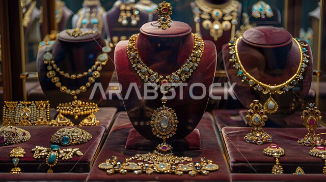 الأساور المعقدة والقلائد وخواتم الأحجار الكريمة، أناقة ومهارة صنع الاكسسوارات الثمينة، المجوهرات التقليدية الذهبية على خلفية مخملية باللون الاحمر، الحلي المصنوعة من الذهب في المملكة العربية السعودية
