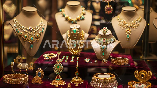 الأساور المعقدة والقلائد وخواتم الأحجار الكريمة، أناقة ومهارة صنع الاكسسوارات الثمينة، المجوهرات التقليدية الذهبية على خلفية مخملية باللون الاحمر، الحلي المصنوعة من الذهب في المملكة العربية السعودية