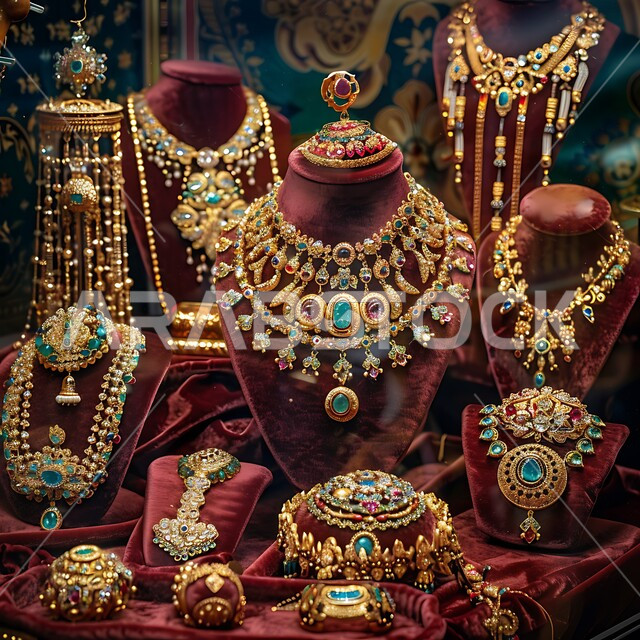 الأساور المعقدة والقلائد وخواتم الأحجار الكريمة، أناقة ومهارة صنع الاكسسوارات الثمينة، المجوهرات التقليدية الذهبية على خلفية مخملية باللون الاحمر، الحلي المصنوعة من الذهب في المملكة العربية السعودية