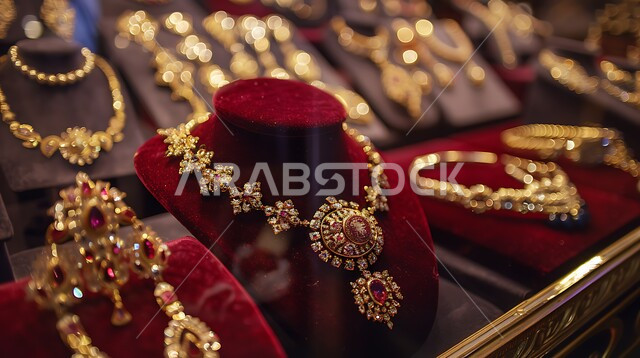 الأساور المعقدة والقلائد وخواتم الأحجار الكريمة، أناقة ومهارة صنع الاكسسوارات الثمينة، المجوهرات التقليدية الذهبية على خلفية مخملية باللون الاحمر، الحلي المصنوعة من الذهب في المملكة العربية السعودية