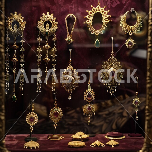 الأساور المعقدة والقلائد وخواتم الأحجار الكريمة، أناقة ومهارة صنع الاكسسوارات الثمينة، المجوهرات التقليدية الذهبية على خلفية مخملية باللون الاحمر، الحلي المصنوعة من الذهب في المملكة العربية السعودية