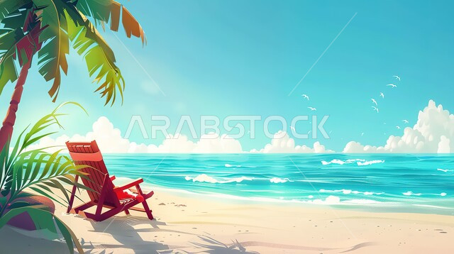 رسوم توضيحية للبحر في الامارات العربية المتحدة ،أجواء مشمشة وظل اشجار النخيل على الرمال الذهبية الناعمة، كرسي متحرك مريح للجلوس ،سماء مليئة بالغيوم، الاستمتاع باجواء الصيف، الأماكن السياحية في الخليج، الرحلات والنزهات الى المناطق الساحلية