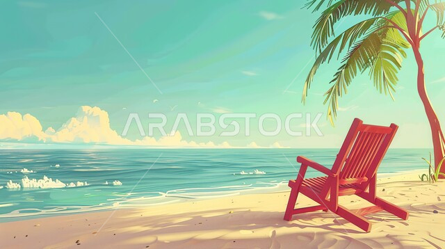 رسوم توضيحية للبحر في الامارات العربية المتحدة ،أجواء مشمشة وظل اشجار النخيل على الرمال الذهبية الناعمة، كرسي متحرك مريح للجلوس ،سماء مليئة بالغيوم، الاستمتاع باجواء الصيف، الأماكن السياحية في الخليج، الرحلات والنزهات الى المناطق الساحلية