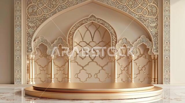  تصاميم وديكورات اسلامية مزخرفة،  إطار ثري دي بزخارف دينية, مجسم ثلاثي الابعاد لمنبر جامع ، اسلاميات وعبادة الله ، الديكور الداخلي على الطراز الاسلامي الحديث، خلفية زرقاء