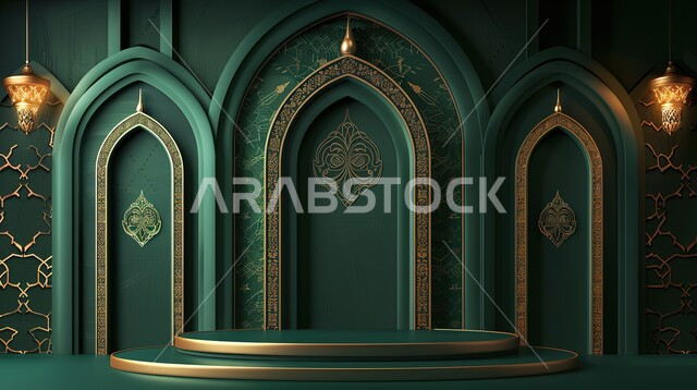  تصاميم وديكورات اسلامية مزخرفة،  إطار ثري دي بزخارف دينية, مجسم ثلاثي الابعاد لمنبر جامع ، اسلاميات وعبادة الله ، الديكور الداخلي على الطراز الاسلامي الحديث، خلفية زرقاء