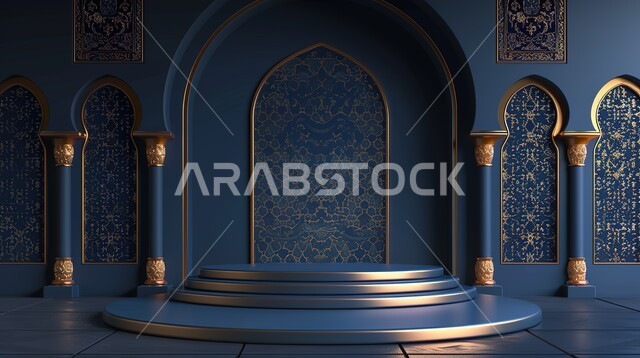  تصاميم وديكورات اسلامية مزخرفة،  إطار ثري دي بزخارف دينية, مجسم ثلاثي الابعاد لمنبر جامع ، اسلاميات وعبادة الله ، الديكور الداخلي على الطراز الاسلامي الحديث، خلفية زرقاء
