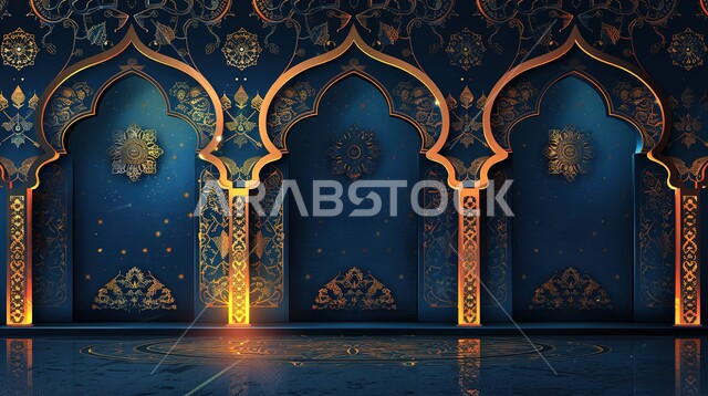  تصاميم وديكورات اسلامية مزخرفة،  إطار ثري دي بزخارف دينية, مجسم ثلاثي الابعاد لمنبر جامع ، اسلاميات وعبادة الله ، الديكور الداخلي على الطراز الاسلامي الحديث، خلفية زرقاء