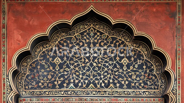  ديكورات وزخارف اسلاميه على شكل قوس، قالب تصميم إسلامي مزخرف،  الفن الهندسي العصري الحديث،  تصاميم ديكور  ديني ، خلفية إسلاميه