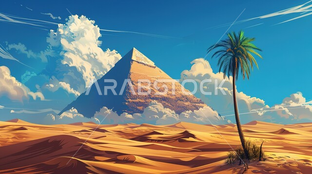 رسوم توضيحية  لهرم  مع اشجار النخيل في الصحراء، المناظر الطبيعية في البيئة الصحراوية ، الكثبان الرملية الذهبية الناعمة ، منظر السماء المليئة بالغيوم نهارا