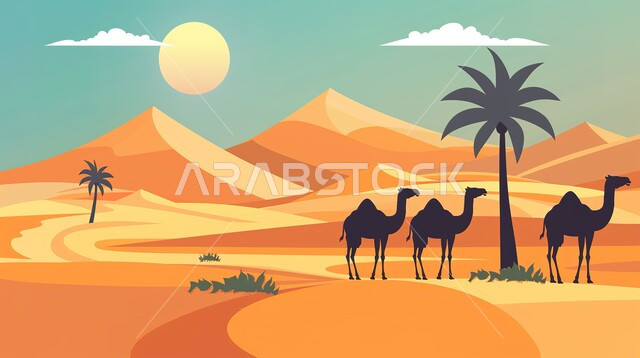  الحياة البدوية الشعبية ،مناطق البادية  والبيئة الطبيعية الصحراوية، الهضاب والتلال مع الرمال الناعمة الذهبية، رسوم توضيحية لقافلة جمال تسير في الصحراء، منظر السماء مع الشمس نهارا، أشجار النخيل مع الاعشاب