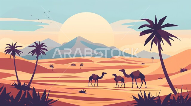 منظر السماء مع الشمس نهارا،مناطق البادية  والبيئة الطبيعية الصحراوية، الهضاب والتلال مع الرمال الناعمة الذهبية، رسوم توضيحية لقافلة جمال تسير في الصحراء، الحياة البدوية الشعبية ، أشجار النخيل مع الاعشاب