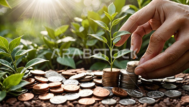 االاستثمار في مستقبل أكثر خضرة، يد تضع عملة معدنية على نبات ينمو وسط سرير من العملات المعدنية، تمثيل رمزي للرخاء المالي و تنمية الأموال، مفهوم النمو الاقتصادي والارباح المالية