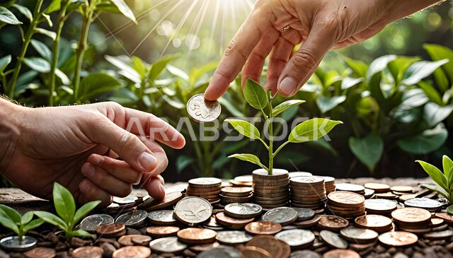 تمثيل رمزي للرخاء المالي تنمية الأموال، زرع بذور الرخاء المالي، مفهوم النمو الاقتصادي والارباح المالية، الأستثمار والفوائد العائدة، الأعمال الخيرية بقصد الفائدة للمجتمع