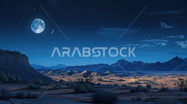 القمر المكتمل فوق التضاريس والبيئة الصحراوية في الصحراء العربية، مشهد لمجرة درب التبانة والنجوم اللامعة في سماء السعوديه, الكثبان الرملية الذهبية، جبال ومرتفعات المملكة العربية السعودية في الليل، خلفية الطبيعة