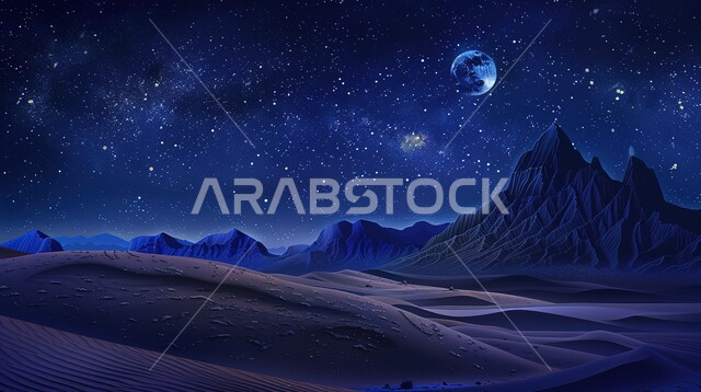 القمر المكتمل فوق التضاريس والبيئة الصحراوية في الصحراء العربية، مشهد لمجرة درب التبانة والنجوم اللامعة في سماء السعوديه, الكثبان الرملية الذهبية، جبال ومرتفعات المملكة العربية السعودية في الليل، خلفية الطبيعة