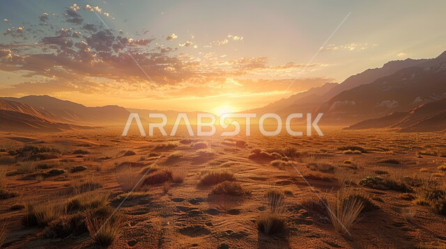 منظر السماء مع السحب الكثيفة في القمم والمرتفعات الجبلية في السعودية، نمو النباتات الصحراوية الشوكية والأعشاب في الأراضي البرية بين الحجارة والصخور، المناظر الطبيعية والاماكن السياحية في المملكة