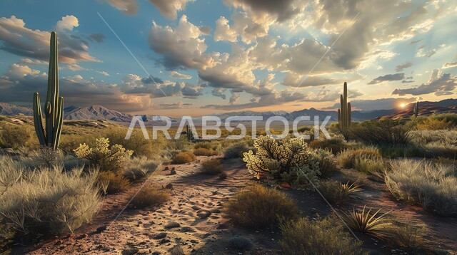 منظر السماء مع السحب الكثيفة في القمم والمرتفعات الجبلية في السعودية، نمو النباتات الصحراوية الشوكية والأعشاب في الأراضي البرية بين الحجارة والصخور، المناظر الطبيعية والاماكن السياحية في المملكة