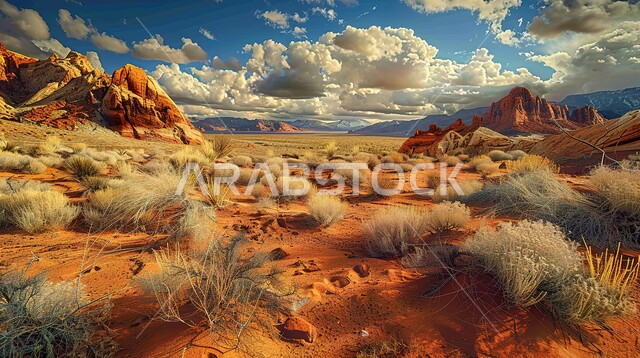 نمو النباتات الصحراوية الشوكية والأعشاب في الأراضي البرية بين الحجارة والصخور، منظر السماء مع السحب الكثيفة في القمم والمرتفعات الجبلية في السعودية، المناظر الطبيعية والاماكن السياحية في المملكة