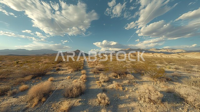 The growth of thorny desert plants and herbs in the wild lands between stones and rocks, a view of the sky with dense clouds in the peaks and mountain heights in Saudi Arabia, natural landscapes and tourist places in the Kingdom