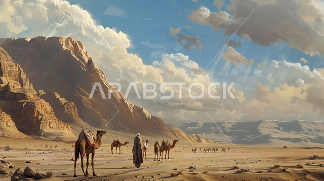  قافلة من الجمال تسير فوق الكثبان الرملية في الصحراء، الحياة البدوية الشعبية والتنقل على ظهر الإبل في القدم، منظر السماء والغيوم البيضاء، مناطق البادية والبيئة الطبيعية الصحراوية