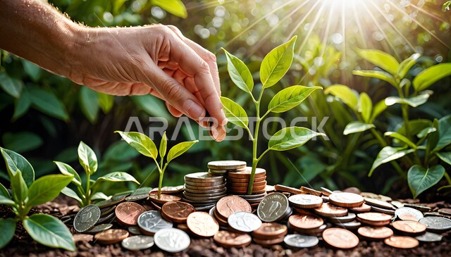 كومة من العملات المعدنية في حديقة خضراء، التوفير وادخار الأموال، مفهوم النمو الاقتصادي والارباح المالية، الاستثمار والفوائد العائدة،  الأعمال الخيرية والفائدة للمجتمع