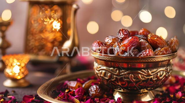  وعاء نحاسي مزخرف مليء بحبات التمر الطازجة بجانب طاولة مزينة بالورود، تمور صحية لذيذة، ضيافة رمضانية شهية، منتجات ومحاصيل زراعية محلية سعودية وطنية، غذاء صحي ومفيد، وجبة غذائية عالية الأهمية