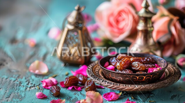 وعاء نحاسي مزخرف مليء بحبات التمر الطازجة بجانب طاولة مزينة بالورود، تمور صحية لذيذة، ضيافة رمضانية شهية، منتجات ومحاصيل زراعية محلية سعودية وطنية، غذاء صحي ومفيد، وجبة غذائية عالية الأهمية