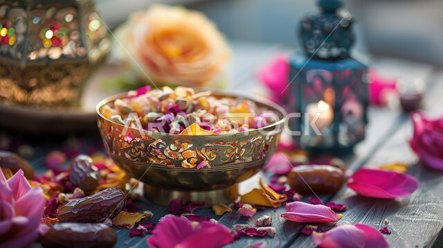 وعاء نحاسي مزخرف مليء بحبات التمر الطازجة بجانب طاولة مزينة بالورود، تمور صحية لذيذة، ضيافة رمضانية شهية، منتجات ومحاصيل زراعية محلية سعودية وطنية، غذاء صحي ومفيد، وجبة غذائية عالية الأهمية