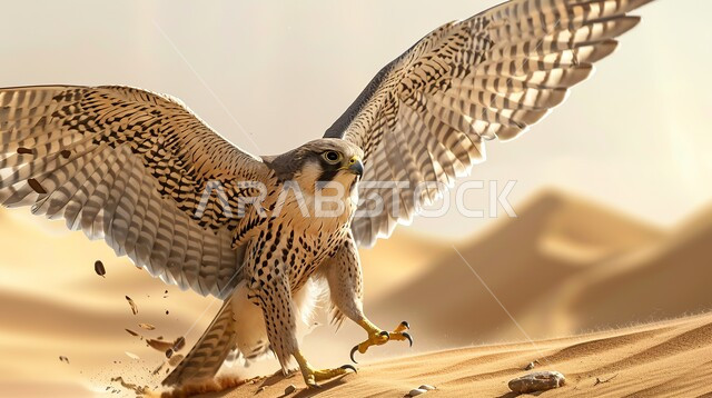  الفخر بالتراث السعودي العريق في تربية الطيور الجارحة والمفترسة, صورة مقربة لطائر الصقر فوق الرمال الذهبية في إحدى المحميات الطبيعيه، إقامة نادي الصقور في موسم الصيد السنوي في المملكة العربية السعودية