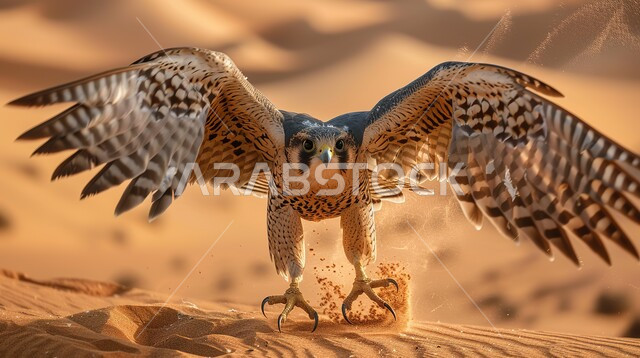  الفخر بالتراث السعودي العريق في تربية الطيور الجارحة والمفترسة, صورة مقربة لطائر الصقر فوق الرمال الذهبية في إحدى المحميات الطبيعيه، إقامة نادي الصقور في موسم الصيد السنوي في المملكة العربية السعودية