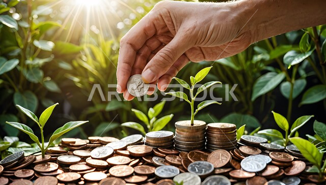  مفهوم النمو الاقتصادي والارباح المالية، كومة من العملات المعدنية في حديقة خضراء،زراعة بذور النمو المالي، التوفير وادخار الأموال، الأعمال الخيرية والفائدة للمجتمع، الاستثمار والفوائد العائدة