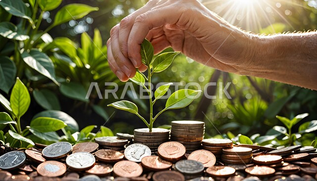   زراعة بذور النمو المالي، التوفير وادخار الأموال، مفهوم النمو الاقتصادي والارباح المالية، كومة من العملات المعدنية في حديقة خضراء،الأعمال الخيرية والفائدة للمجتمع، الاستثمار والفوائد العائدة