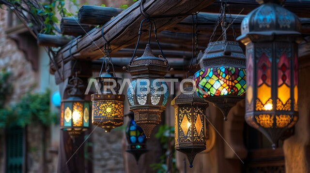 أنوار وزينة الأعياد والمناسبات الدينية, اكسسوارات وتحف شهر رمضان المبارك, تصاميم مزخرفة للفوانيس المعدنية المتوهجة المعلقة بالأسقف الخشبية، الاحتفال بالأجواء الرمضانية الروحانية