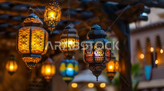 Lights and decorations for holidays and religious occasions, accessories and antiques for the holy month of Ramadan, ornate designs for glowing metal lanterns hanging on wooden ceilings, celebrating the spiritual atmosphere of Ramadan