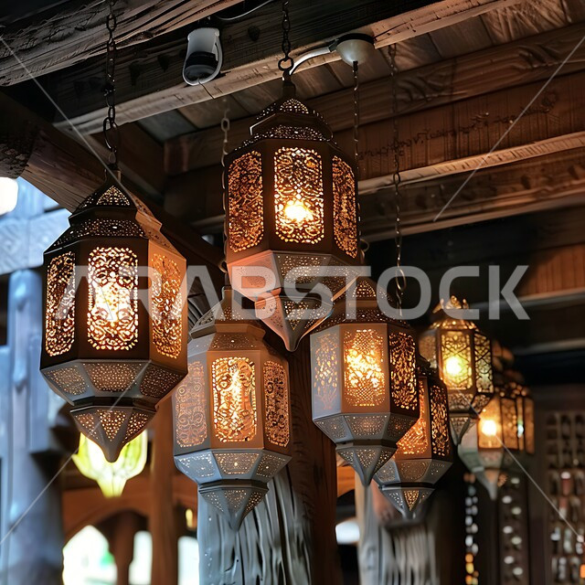 أنوار وزينة الأعياد والمناسبات الدينية, اكسسوارات وتحف شهر رمضان المبارك, تصاميم مزخرفة للفوانيس المعدنية المتوهجة المعلقة بالأسقف الخشبية، الاحتفال بالأجواء الرمضانية الروحانية