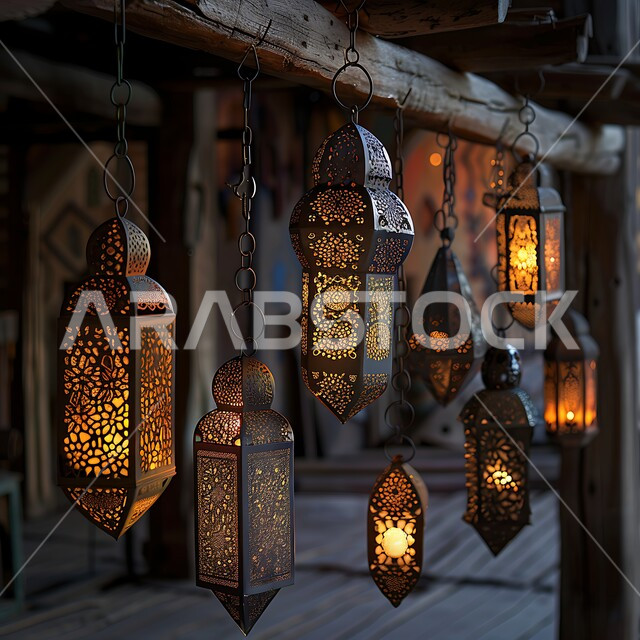 أنوار وزينة الأعياد والمناسبات الدينية, اكسسوارات وتحف شهر رمضان المبارك, تصاميم مزخرفة للفوانيس المعدنية المتوهجة المعلقة بالأسقف الخشبية، الاحتفال بالأجواء الرمضانية الروحانية
