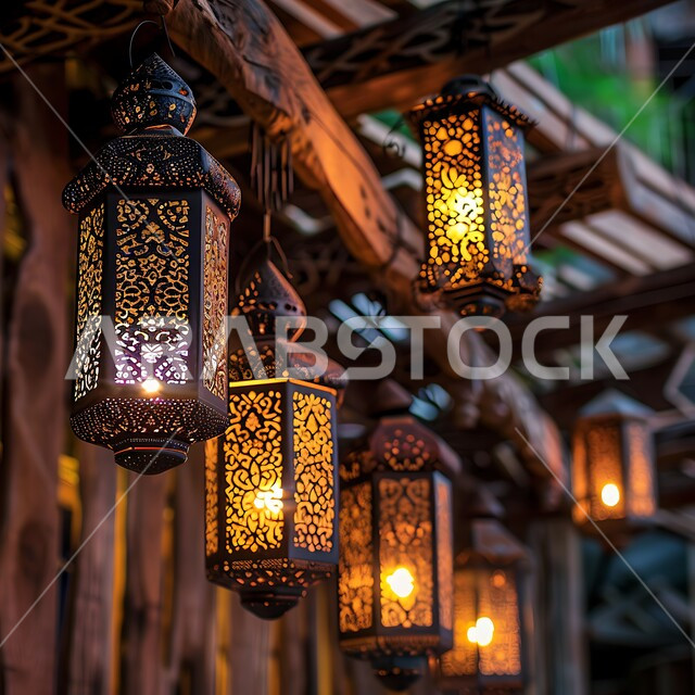 أنوار وزينة الأعياد والمناسبات الدينية, اكسسوارات وتحف شهر رمضان المبارك, تصاميم مزخرفة للفوانيس المعدنية المتوهجة المعلقة بالأسقف الخشبية، الاحتفال بالأجواء الرمضانية الروحانية