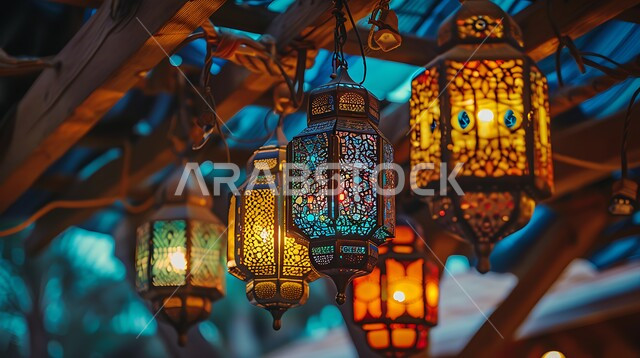 تصاميم مزخرفة للفوانيس المعدنية المتوهجة المعلقة بالأسقف الخشبية، أنوار وزينة الأعياد والمناسبات الدينية, اكسسوارات وتحف شهر رمضان المبارك, الاحتفال بالأجواء الرمضانية الروحانية 