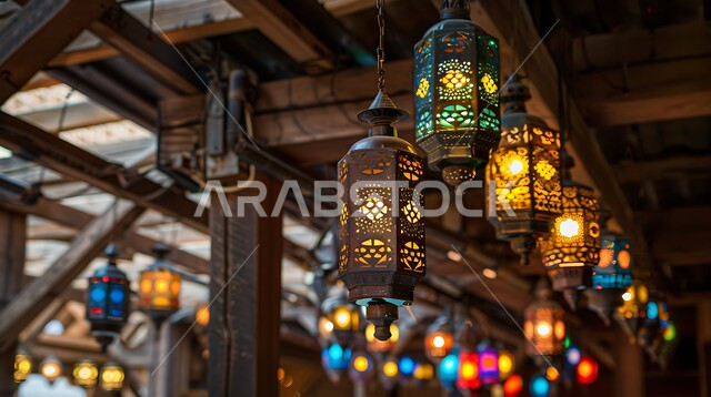 تصاميم مزخرفة للفوانيس المعدنية المتوهجة المعلقة بالأسقف الخشبية، أنوار وزينة الأعياد والمناسبات الدينية, اكسسوارات وتحف شهر رمضان المبارك, الاحتفال بالأجواء الرمضانية الروحانية 