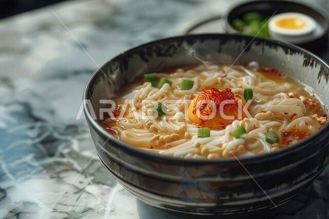 طبق من معكرونة السباغيتي مع الخضراوات مزين بالأعشاب الخضراء, أطباق ووجبات آسيوية شرقية، وجبة من الباستا الشهية، وعاء نودلز مع أصناف الخضار الطازجة، مطاعم المأكولات السريعة