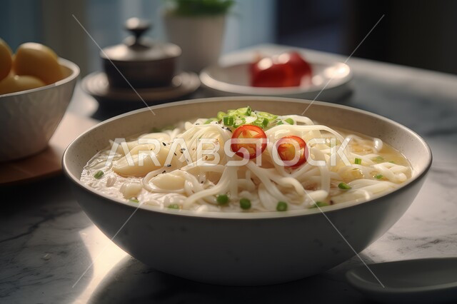 طبق من معكرونة السباغيتي مع الخضراوات مزين بالأعشاب الخضراء, أطباق ووجبات آسيوية شرقية، وجبة من الباستا الشهية، وعاء نودلز مع أصناف الخضار الطازجة، مطاعم المأكولات السريعة