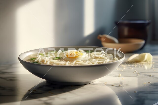 وعاء نودلز مع أصناف الخضار الطازجة، مطاعم المأكولات السريعة، طبق من معكرونة السباغيتي مع الخضراوات مزين بالأعشاب الخضراء, أطباق ووجبات آسيوية شرقية، وجبة من الباستا الشهية