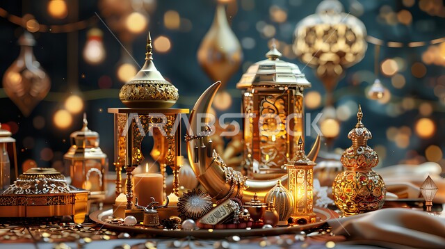 Crescent figures and traditional Arabic metal lanterns, lighting and decorations for the holy month of Ramadan, distinctive three-dimensional antiques, celebrating the coming of the month of goodness, decorations and lights to celebrate the spiritual atmosphere, Islamic religious occasions and holidays